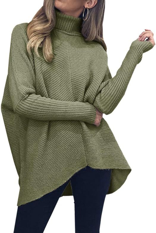 Womens Turtleneck Long Sleeve Sweater Asymmetric Hem Casual Winter Pullover Knit Tops | Amazon (US)