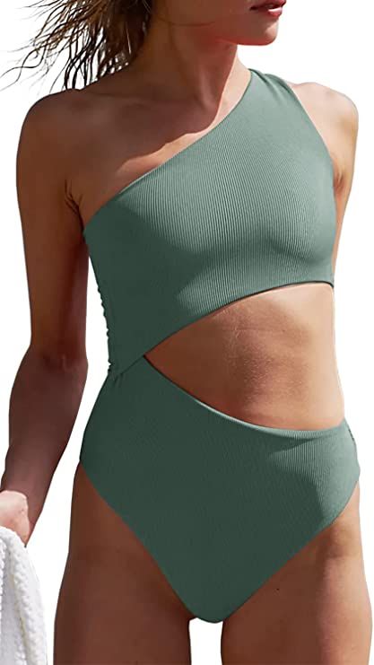 Women's One Piece Ribbed Swimsuit One Shoulder Cutout Swimwear Sexy Bathing Suit | Amazon (US)