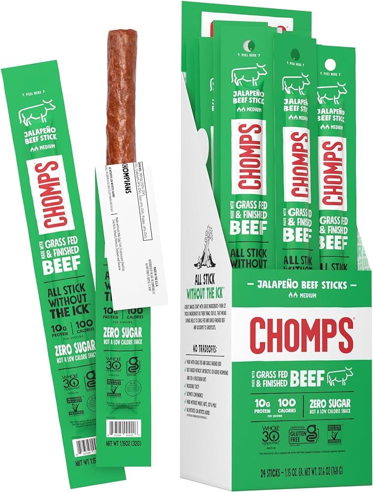 Chomps Grass-Fed and Finished Jalapeño Beef Jerky Snack Sticks 24-Pack - Keto, Paleo, Whole30, 1... | Amazon (US)