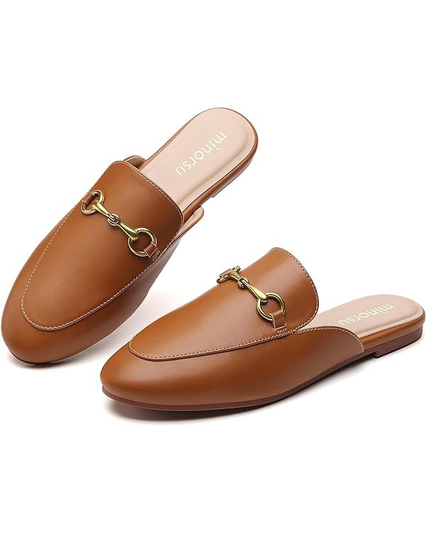 Buckle Mules for Women Round Toe Backless Flat Mules Slides Mules Shoes Ladies Slip-on Loafers | Amazon (US)