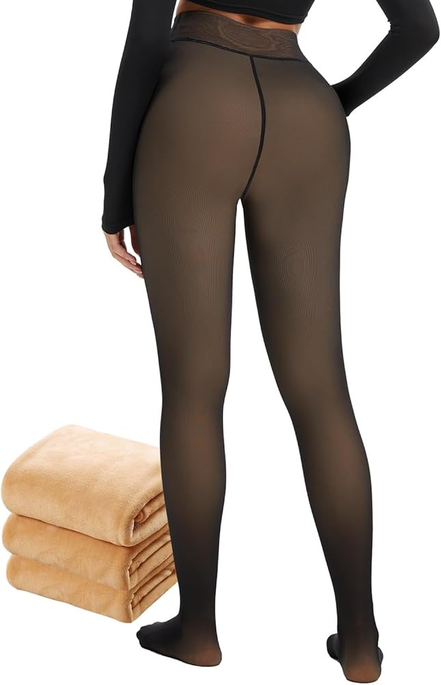 Fleece Lined Tights Women 300G Thick One Line Thermal Winter Warm Translucent Black Sheer | Amazon (US)