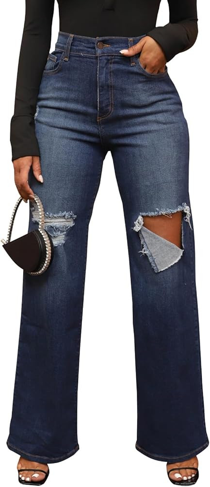 KnoInt Women's Wide Leg Straight Jeans High Waisted Baggy Stretch Loose Denim Pants | Amazon (US)