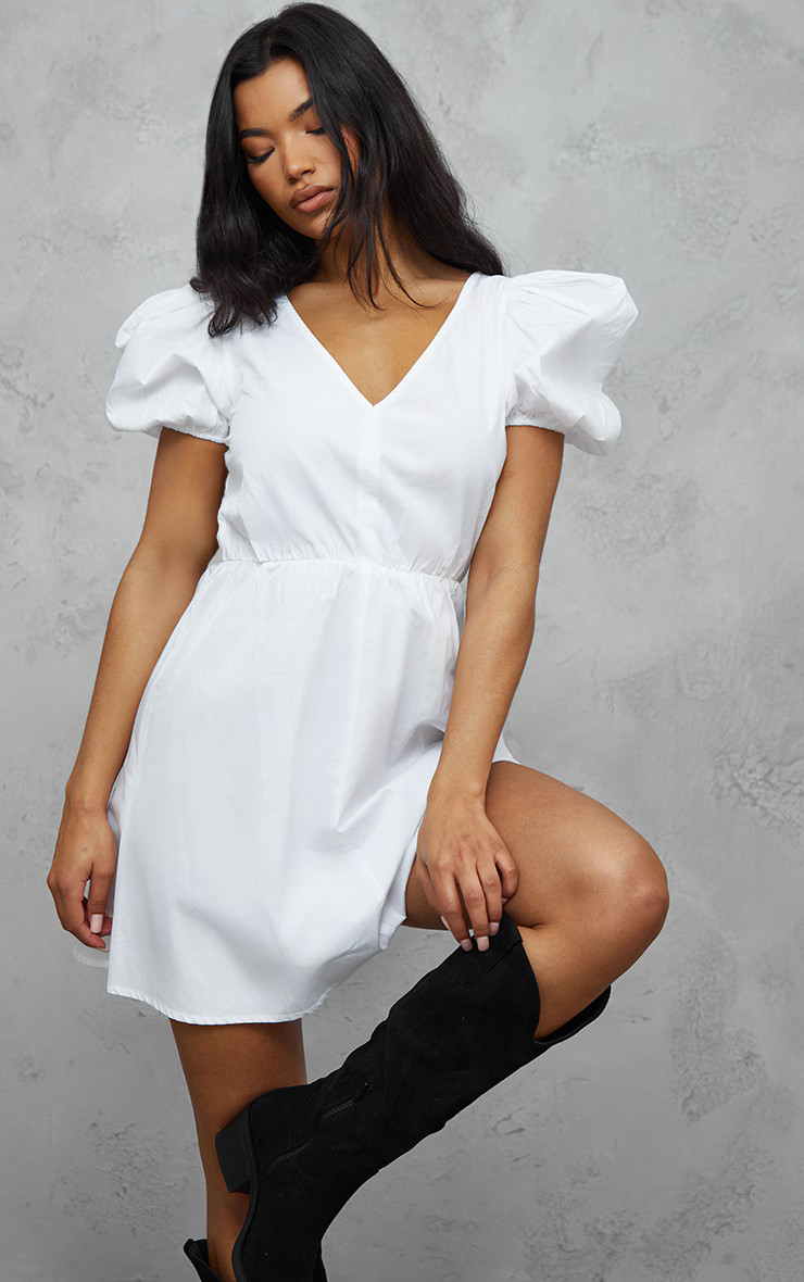 White Puff Sleeve Poplin Shift Dress | PrettyLittleThing US