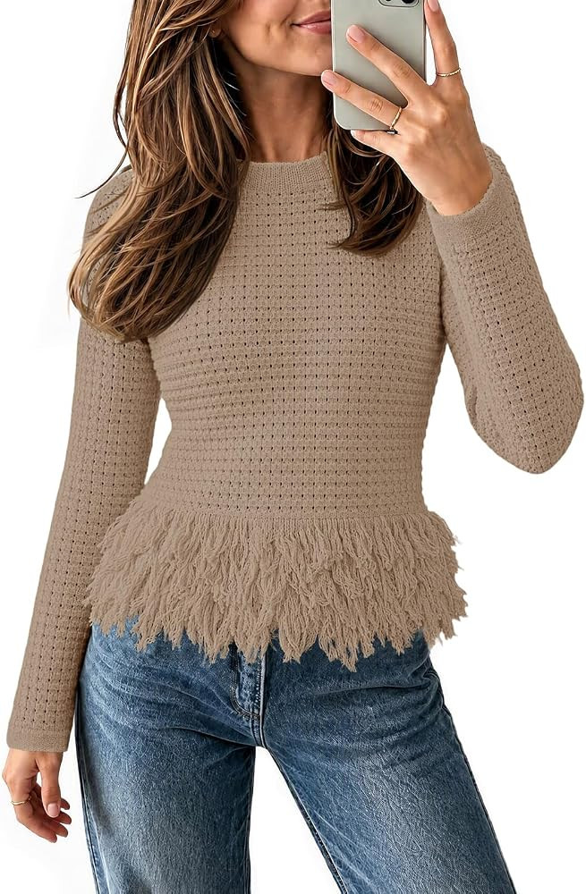 Saodimallsu Womens Crochet Fringe Sweater Top Crew Neck Knit Boho Pullovers | Amazon (US)