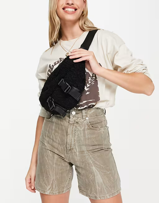 Topshop teddy double buckle sling fanny pack in black | ASOS (Global)