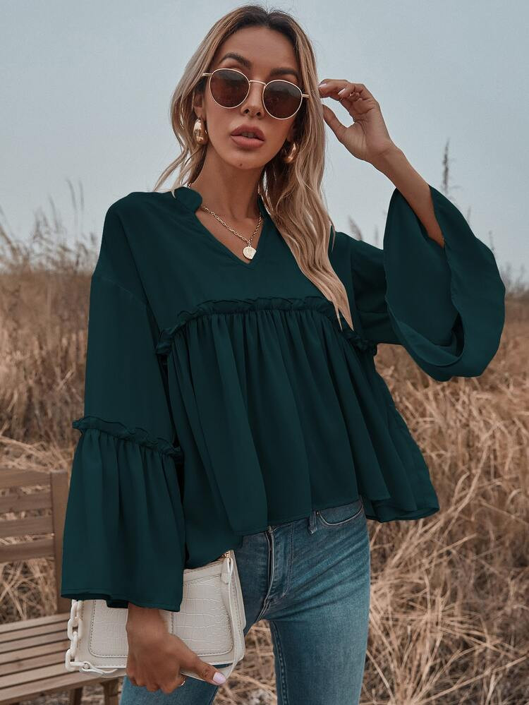 Notch Neck Frill Trim Flounce Sleeve Babydoll Blouse | SHEIN