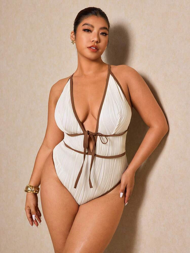Elaquor Plus Size Women's Plunging V-Neck Halter One-Piece Swimsuit | SHEIN