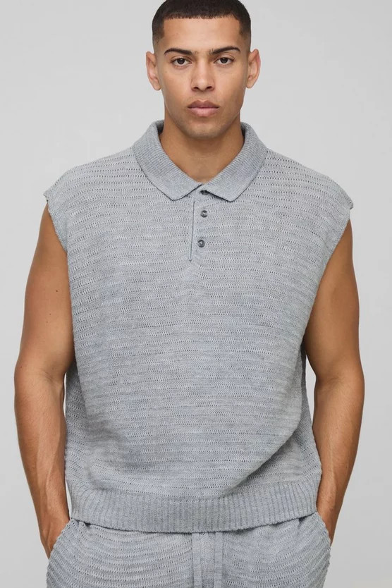 Oversized Sleeveless Knitted Polo | boohooMAN (US & Canada)