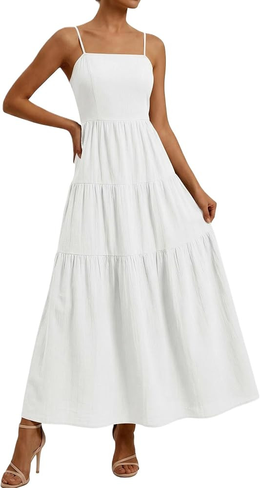 Okiwam Women's Summer Dress 2026 Casual Boho Sleeveless Spaghetti Strap Smocked Maxi Dress Ruffle... | Amazon (US)