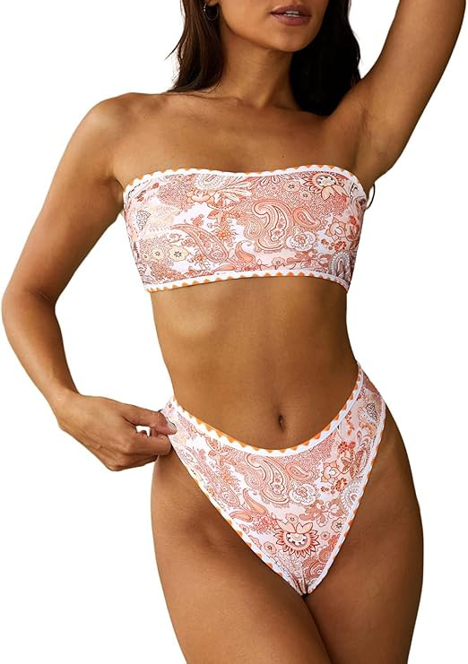 ZAFUL Women Strapless Textured Bandeau Bikini 2 Piece Swimwear Cheeky Solid Lace up Bathing Suits | Amazon (US)