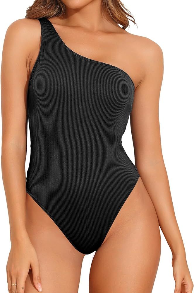Holipick Ribbed Cheeky One Piece Swimsuit for Women One Shoulder Bathing Suits High Cut Swimwear | Amazon (US)