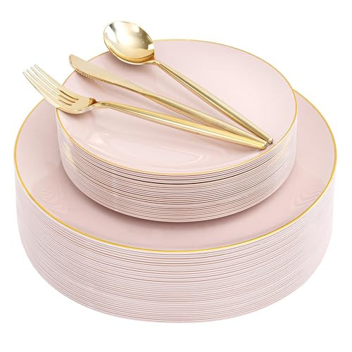 I00000 150 PCS Pink Plastic Plates for Party,Heavy Duty Pink Disposable Plates,Gold Dinnerware Set Include 30 Dinner Plates,30 Dessert Plates,30 Gold Plastic Silverware Set for Mother's Day | Amazon (US)