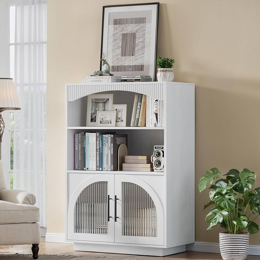 46" Bookshelf with Doors, White Bookcase with Glass Door, 3 Tier Small Bookshelf w/Deep Storage C... | Amazon (US)