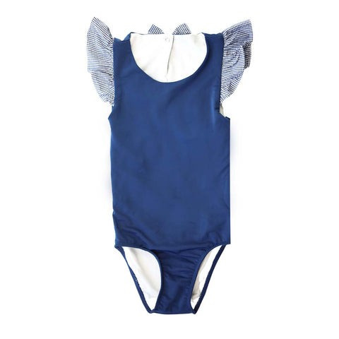 Charleston Navy Seersucker Ruffle Swimsuit | The Bella Bean