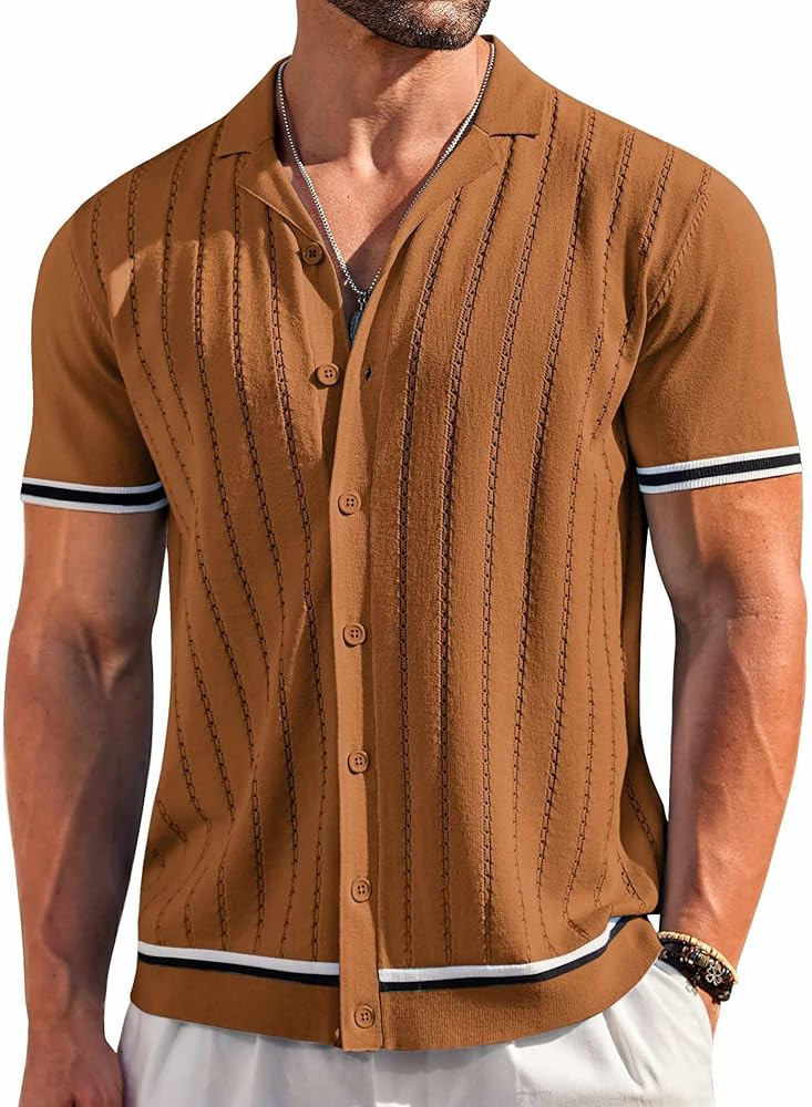 COOFANDY Men's Short Sleeve Knit Shirt Casual Button Down Shirt Vintage Striped Knitted Golf Beac... | Amazon (CA)