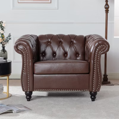 Classic Chesterfield PU Leather Armchair, Tufted Accent Chair Club Chair with Rolled Arms & Nailhead Trim, Brown – ModernLuxe | Target