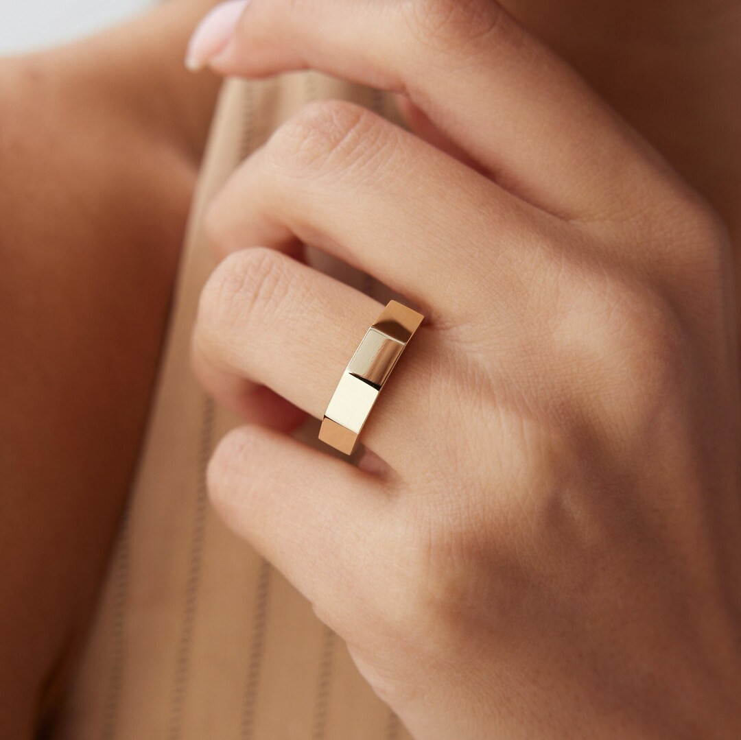14K Solid Gold Rectangle Bar Ring, Gold Chunky Angled Ring, Dainty Geometric Ring, Minimalist Jew... | Etsy (US)