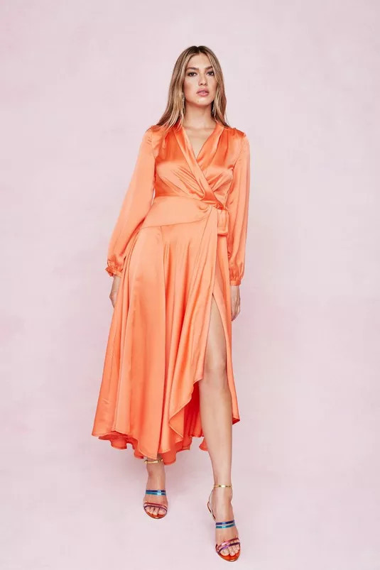 Satin Long Sleeve Maxi Wrap Dress | Nasty Gal (US)