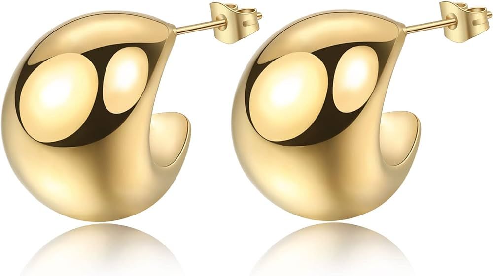 LUVJOO Chunky Thick Gold Hoop Earrings Lightweight Teardrop Ball Hoops for Women Girls | Amazon (US)