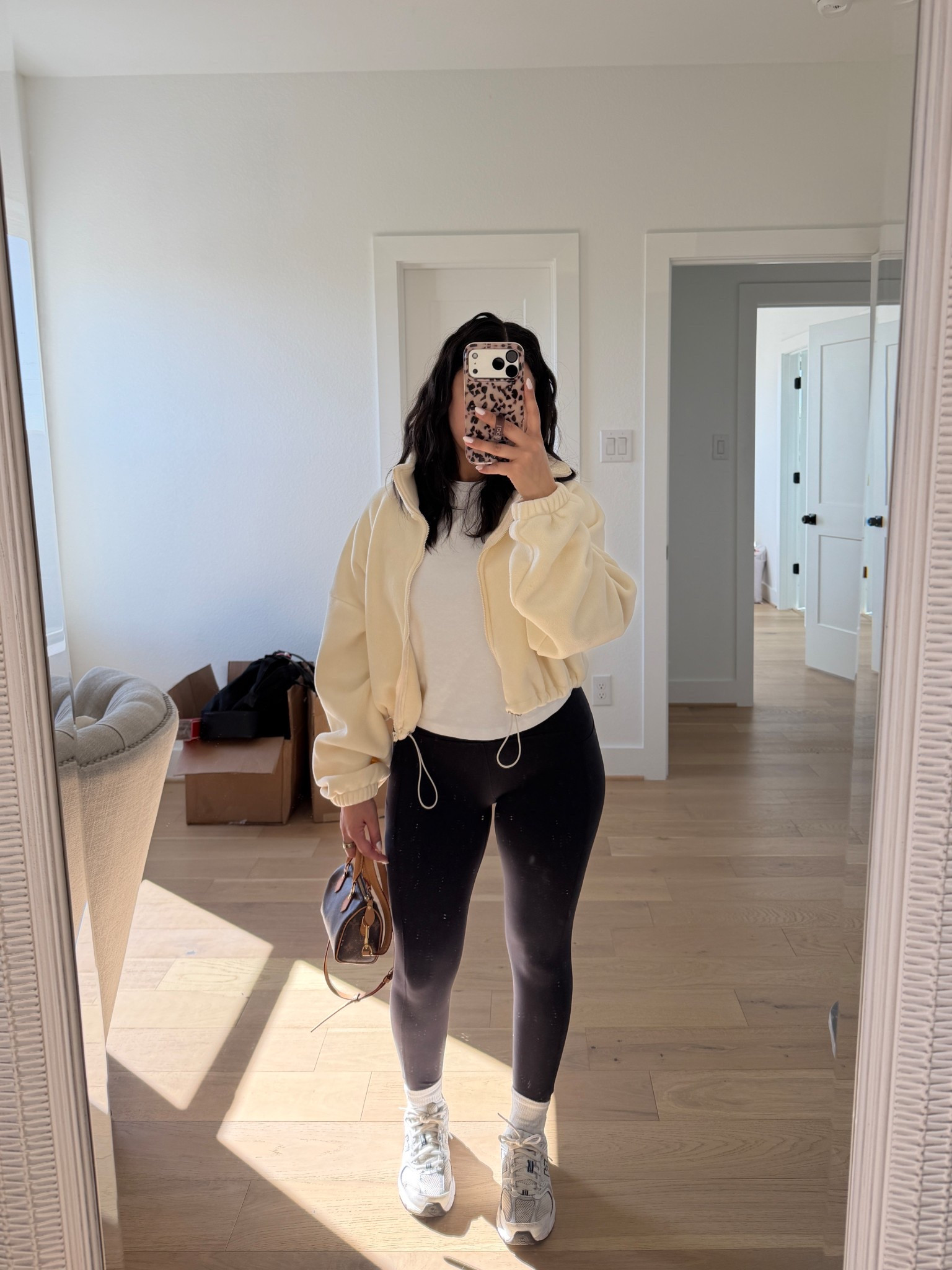 Jacket: small 
Leggings: small 
White tee: small 
New balance 530 sneakers: 4.5 men 
White socks 
Nano speedy bag 

#LTKmorningroutine #LTKootd #LTKActive