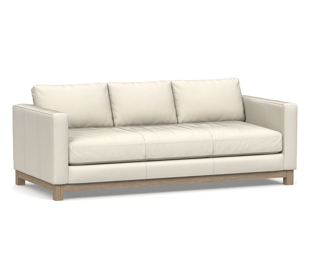 Jake Leather Sofa 85"" with Wood Legs, Down Blend Wrapped Cushions, Signature Chalk | Pottery Barn (US)