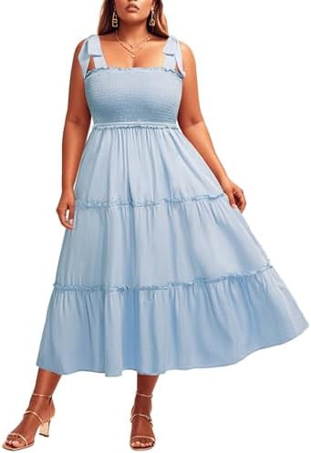 Plus Size Summer Dress - Sun Boho Beach Casual Floral Tiered Smocked Long Maxi Dresses | Amazon (US)