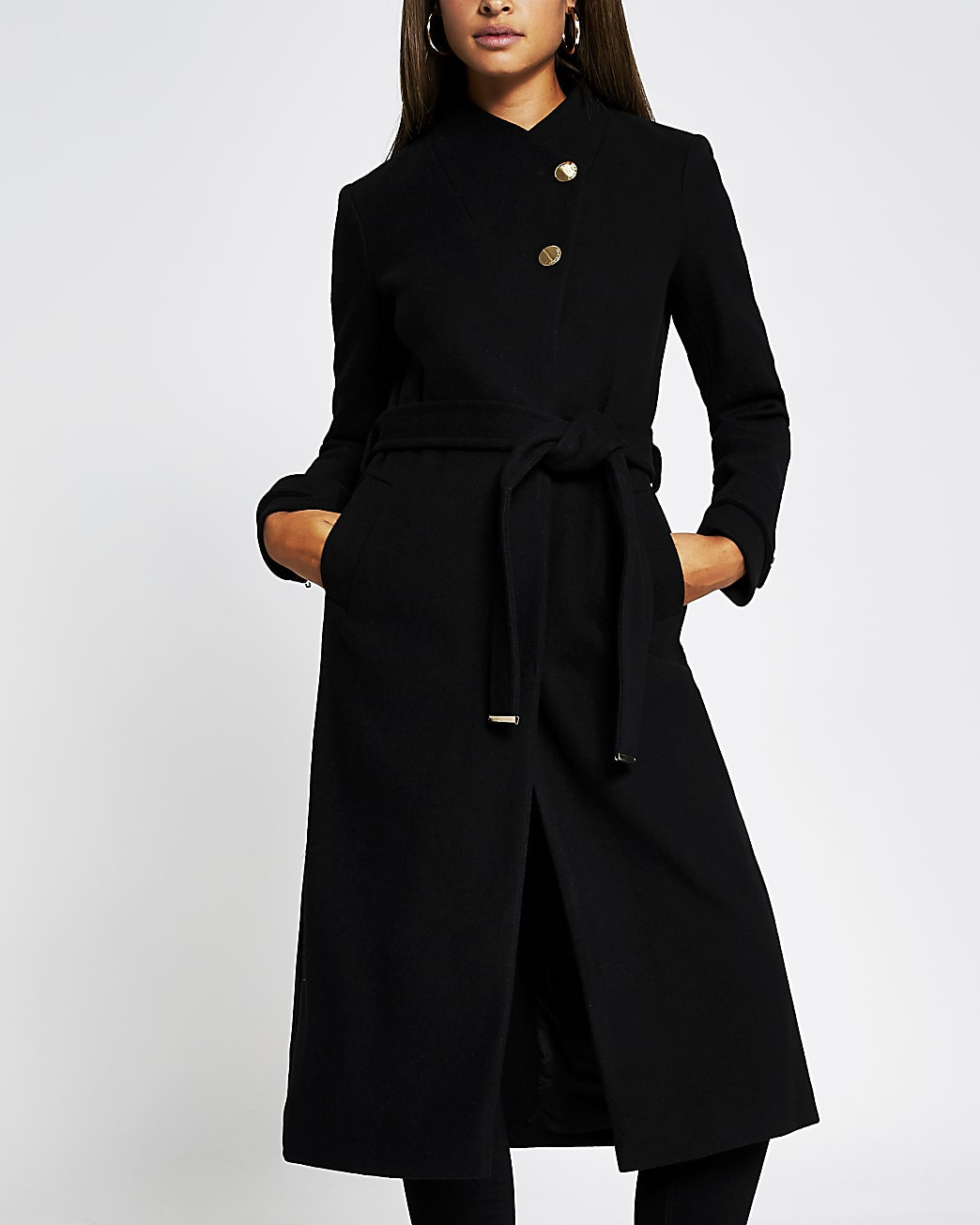 Black belted wrap coat | River Island (UK & IE)