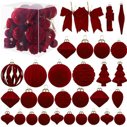 Velvet Christmas Ornaments Set 42pcs Vintage Burgundy Shatterproof PVC Christmas Tree Decorations with Velvet Bows Ornaments Large Size Holiday Ornaments for Xmas Tree Festive Party Supplies | Amazon (US)