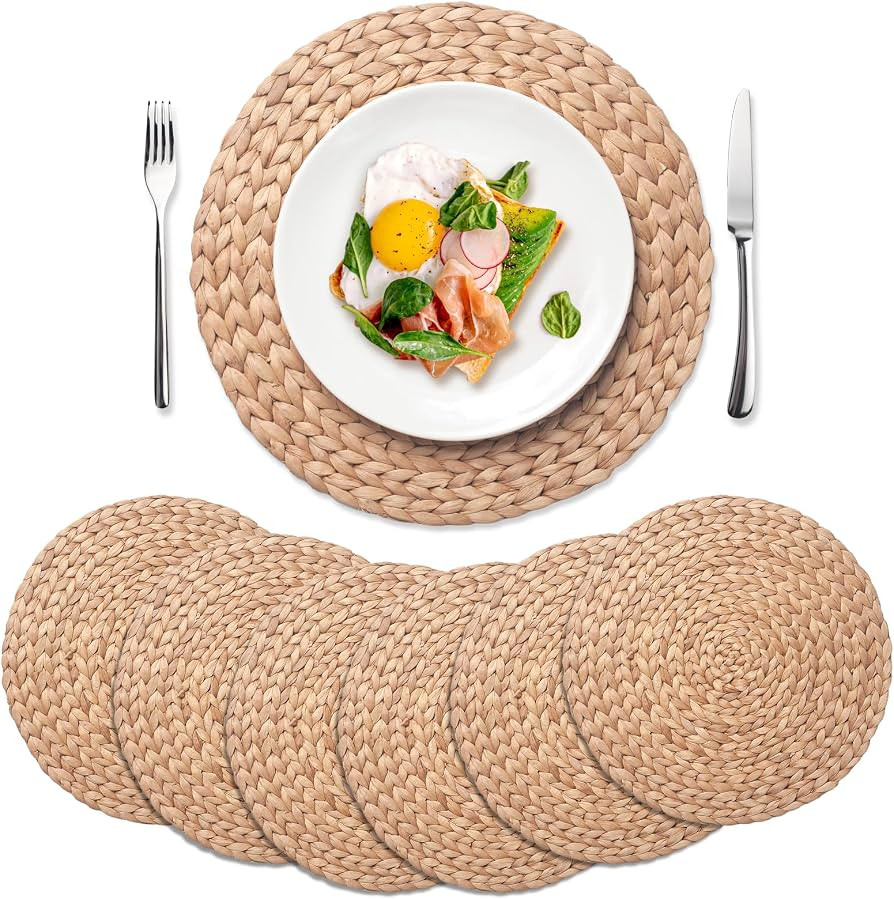 6 Pack, Round Woven Placemats, Natural Water Hyacinth Place mats, Braided Straw Table Mats for Di... | Amazon (US)