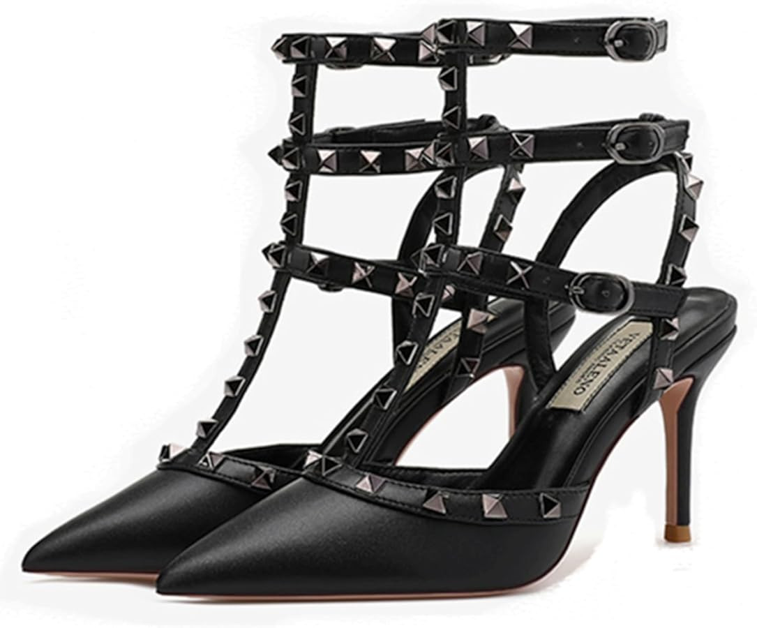 bbruriy Women Studded Pumps Pointed Toe Stiletto High Heel Rivet T-Strap Ankle Strap Slingback Sa... | Amazon (US)