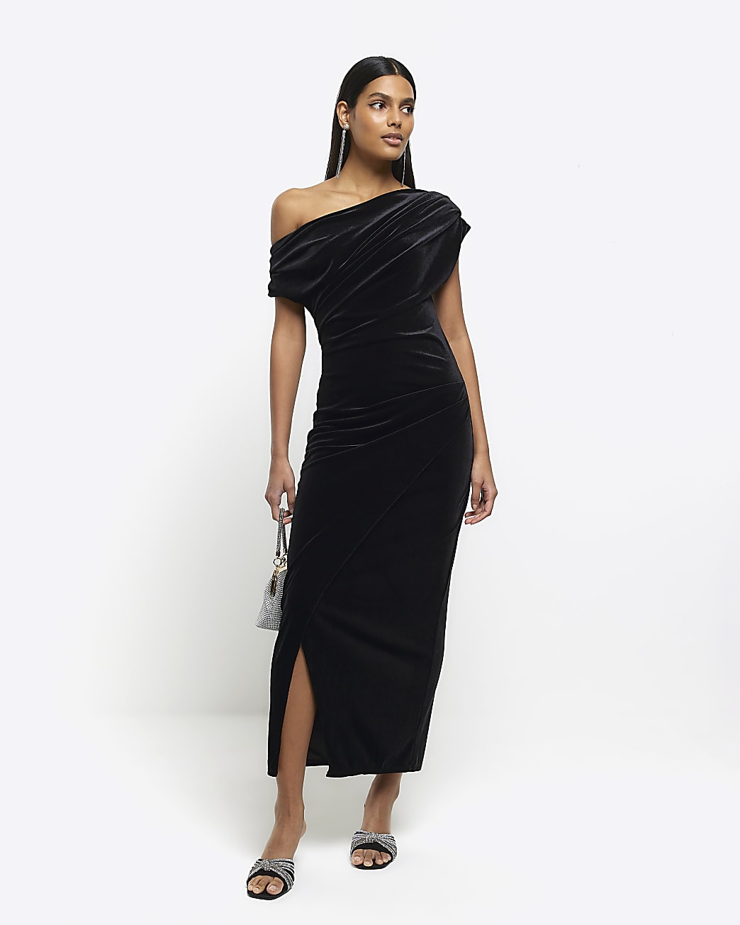 Black velvet asymmetric bodycon midi dress | River Island (US)