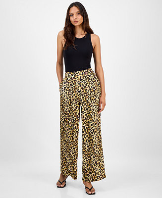 Women's Leopard-Print Pull-On Wide-Leg Pants, Macy's Exclusive | Macy's