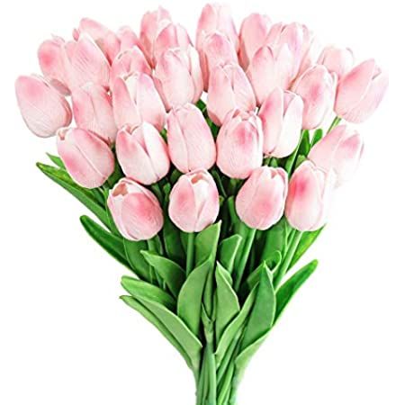 C APPOK 30pcs Artificial Tulips Flowers Fake Latex Tulip Stems - Real Touch Faux Pink Tulips Flower  | Amazon (US)