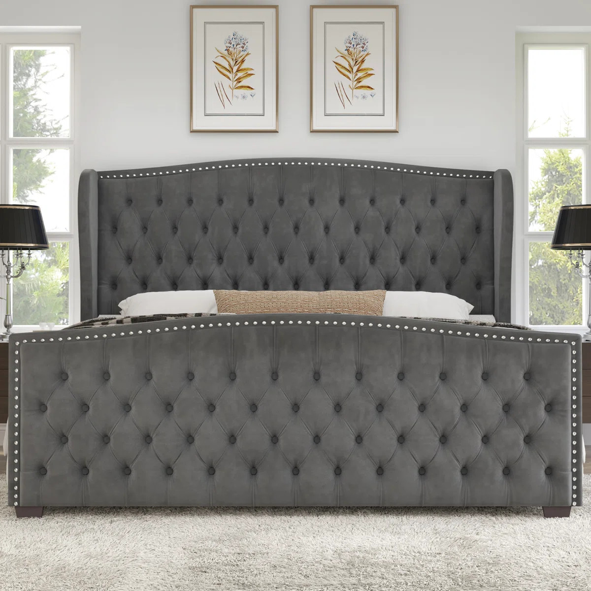 DuJuan Deep Button Tufted Upholstered King Bed with Nailhead Trim Wingback Headboard, Gray | Wayfair North America