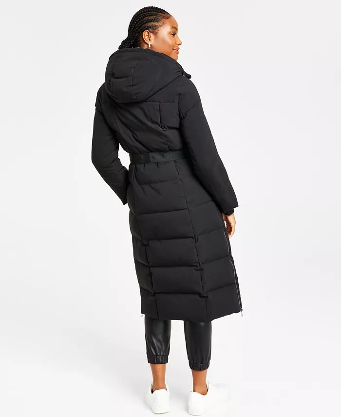 DKNY Women's Mixed-Media Belted Hooded Maxi Puffer Coat - Macy's | Macys (US)
