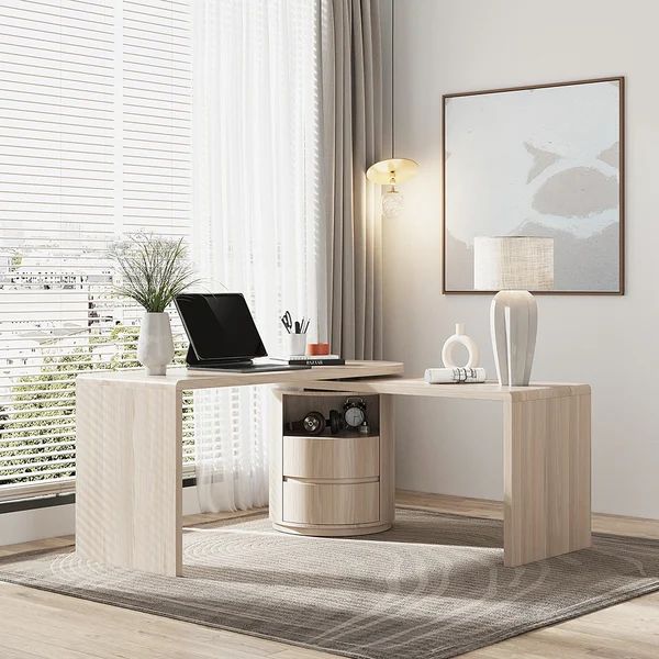Modern Wash White L Shaped Desk 1 Cabinet & 2 Drawers 60" Oak Executive Office Desk | Homary