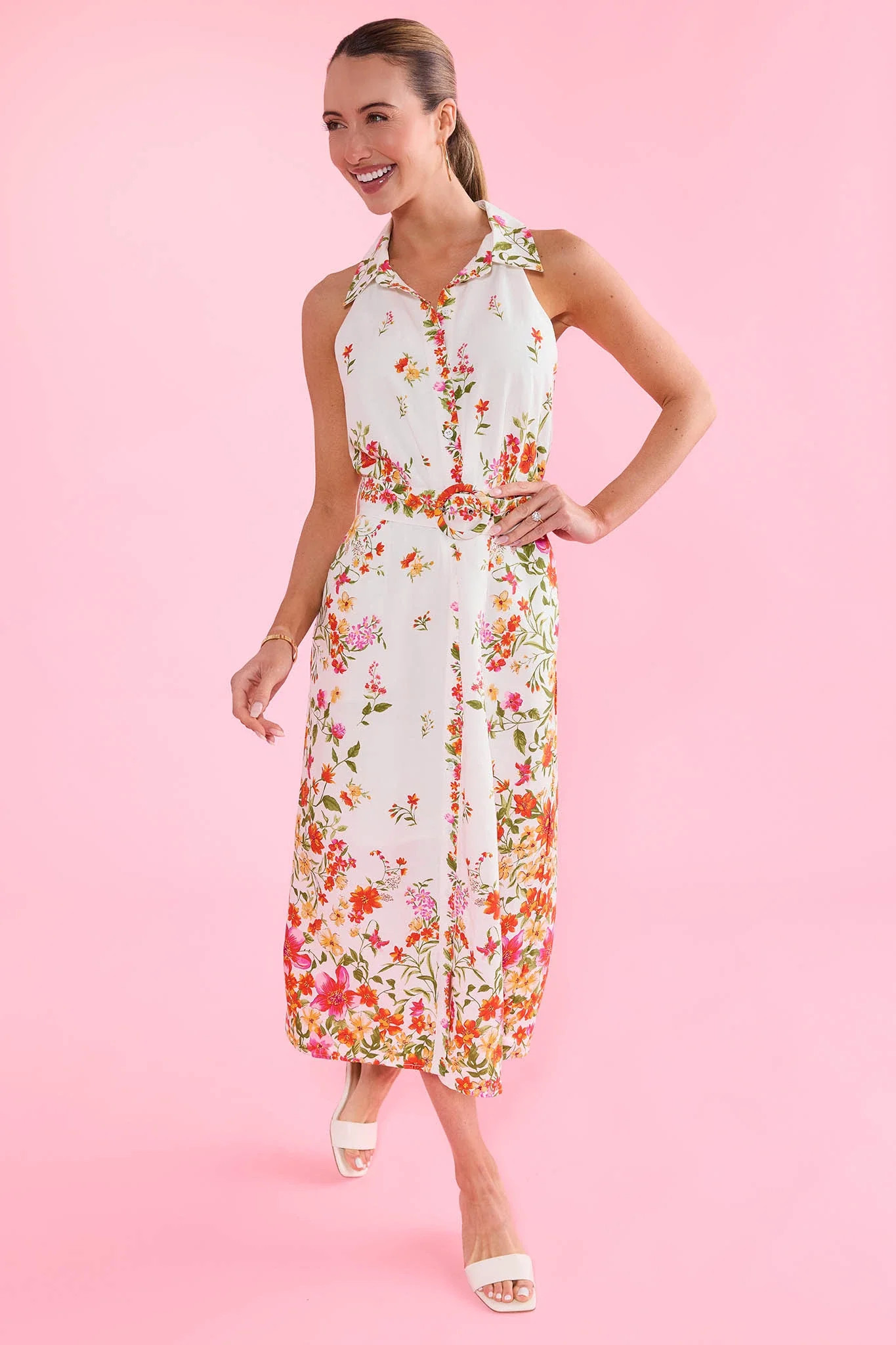 Lilith White Floral Print Midi Dress | Avara