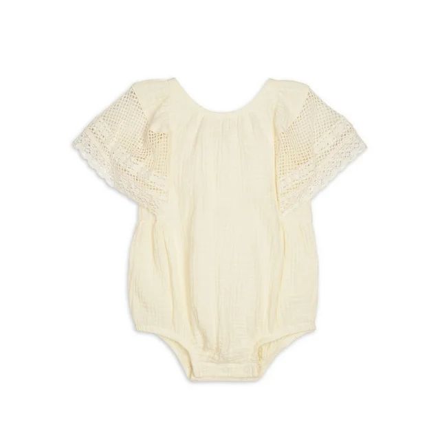 Modern Moments By Gerber Baby Girl Cotton Romper with Lace Sleeves, Sizes 0/3 Months - 24 Months | Walmart (US)