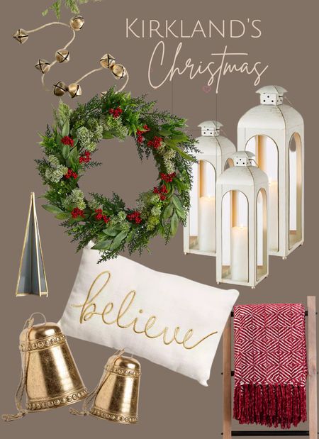 Kirkland’s Christmas home decor, gold bells, Christmas wreath, lantern set, believe throw pillow, red throw blanket, gold jingle bell garland

#LTKHoliday #LTKhome #LTKSeasonal