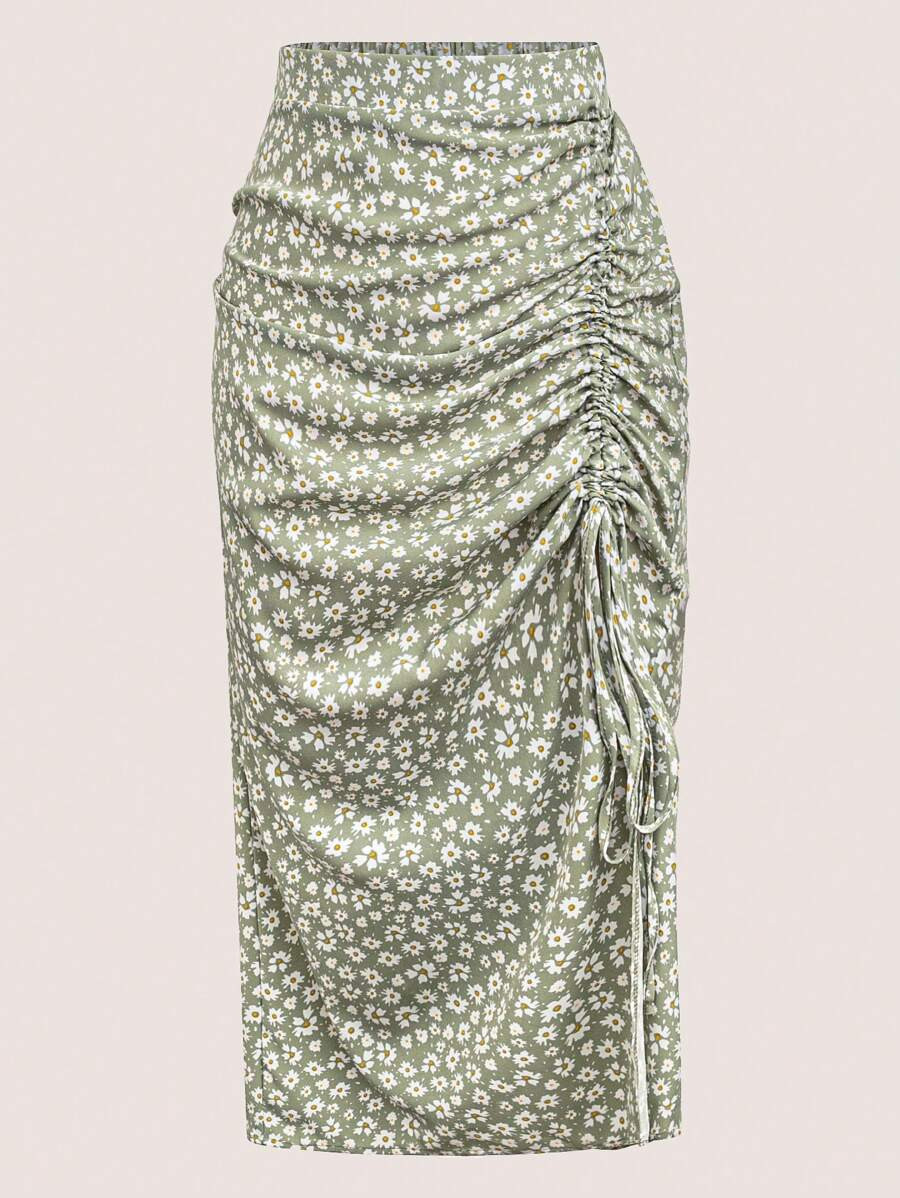 SHEIN SunnyBelle Plus Size Floral Print Drawstring Slit Skirt Maxi Vacation Beach Outfits Women | SHEIN
