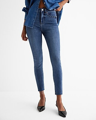 High Waisted Medium Wash Raw Hem Skinny Jeans | Express