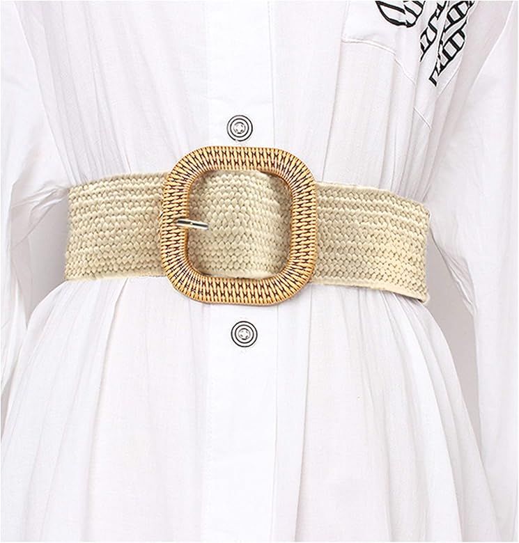 Women Skinny Dress Belt, Fashion Straw Woven Elastic Stretch Waist Band Wood Buckle Belt | Amazon (US)