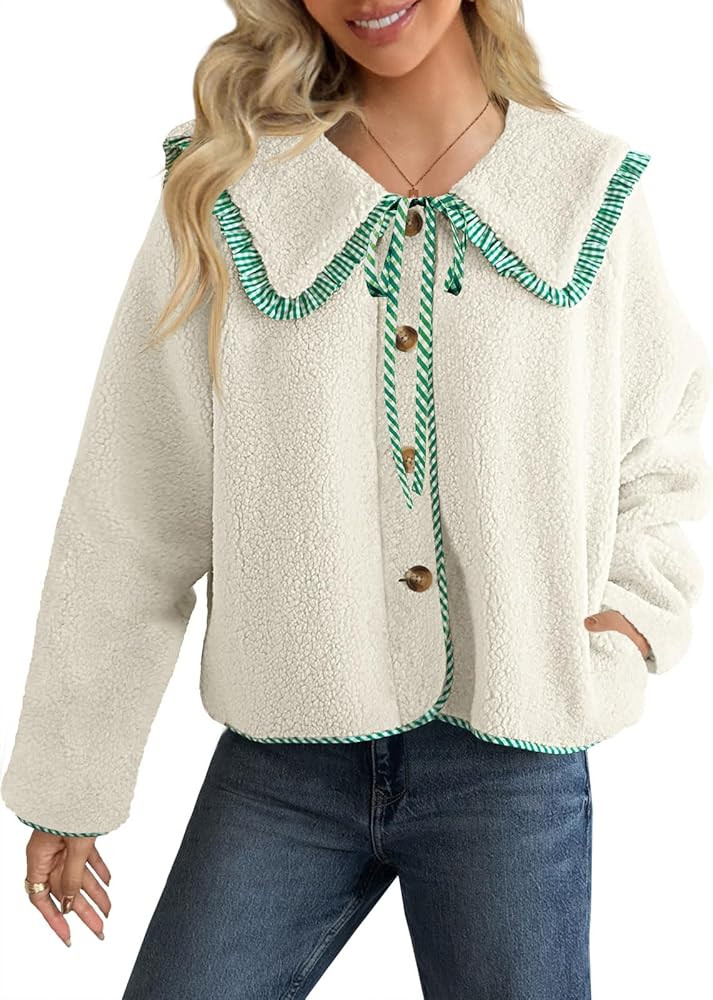 Tankaneo Womens Fuzzy Fleece Jacket Peter Pan Collar Button Down Fall Winter Sherpa Coats Colorbl... | Amazon (US)