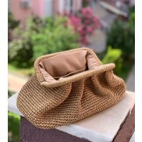 Pouch Clutch Bag With Hidden Clasp Frame, Paper Yarn Knitted Tan Handcrafted Clutch, Crochet Summer Bag, Black | Etsy (US)