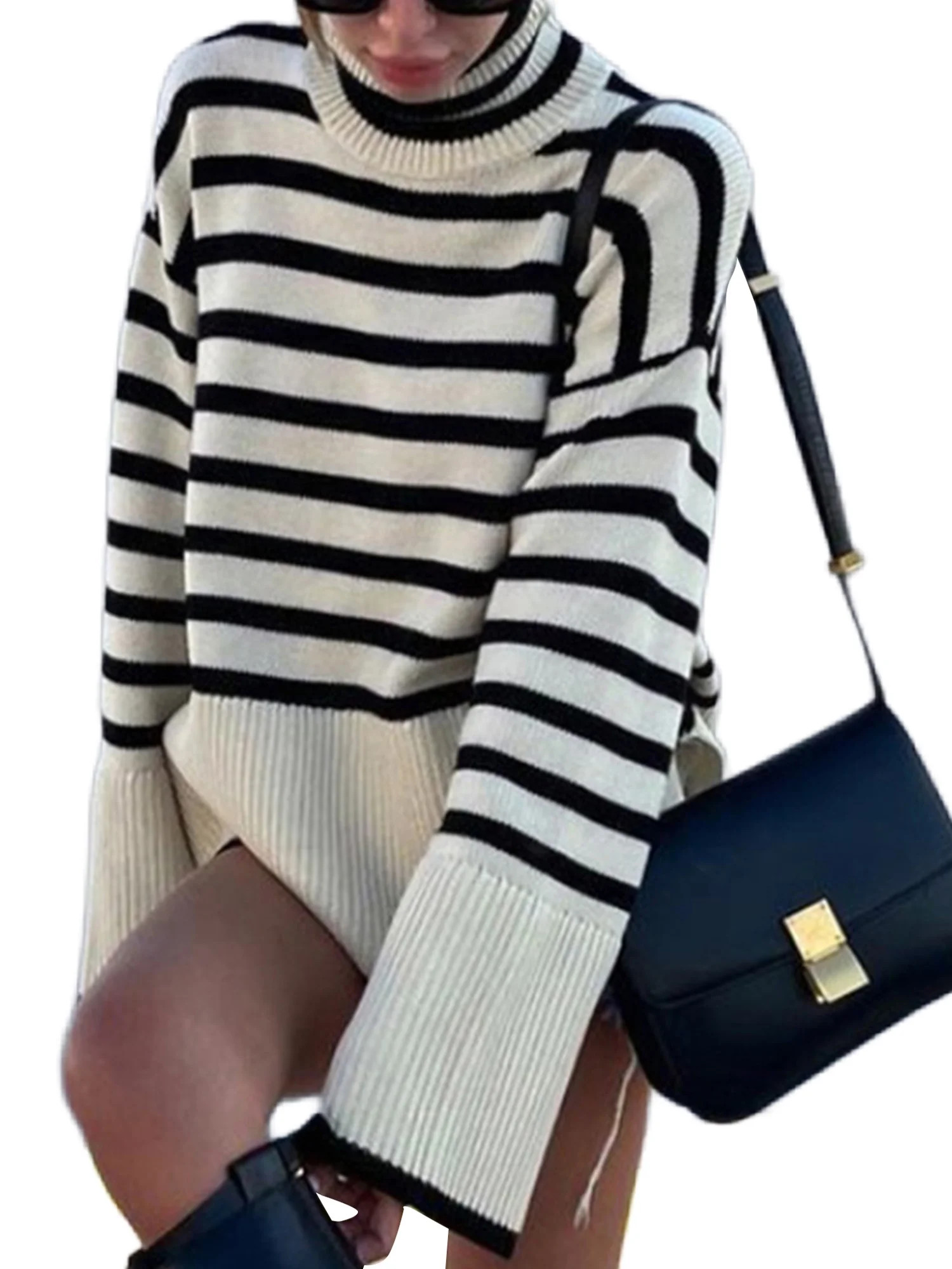 Frontwalk Long Sleeve Knitted Sweater for Women Casual Stripe Turtleneck Sweaters Jumper Pullover | Walmart (US)