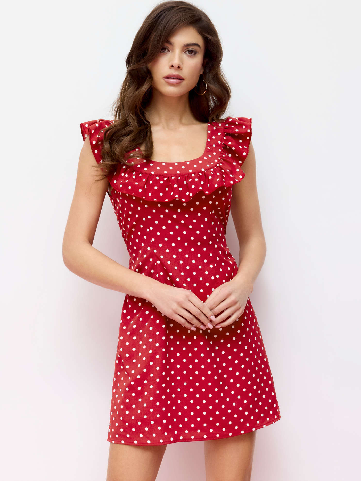 Polka Dot U-neckline Ruffled A-line Mini Dress... | Cider