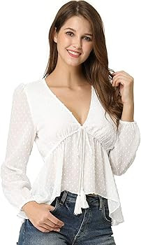 Allegra K Women's Deep V Neck Chiffon Top Swiss Dots Ruffle Hem Long Sleeve Peplum Top | Amazon (US)