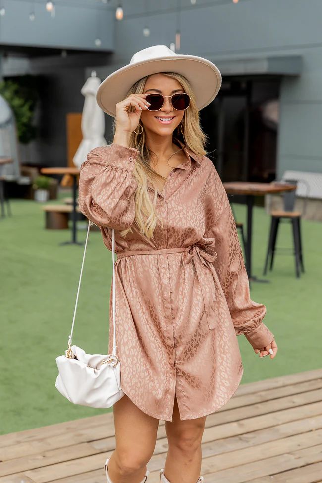 This Is Goodbye Camel Leopard Satin Shirt Dress | Pink Lily