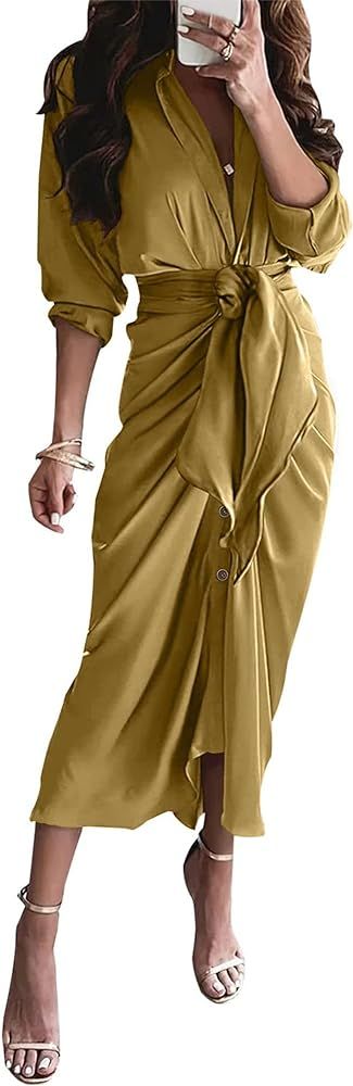 Women 2023 Long Sleeve Lapel V Neck Button Down Satin Dress Belted Elegant Ruched Summer Fall Max... | Amazon (US)