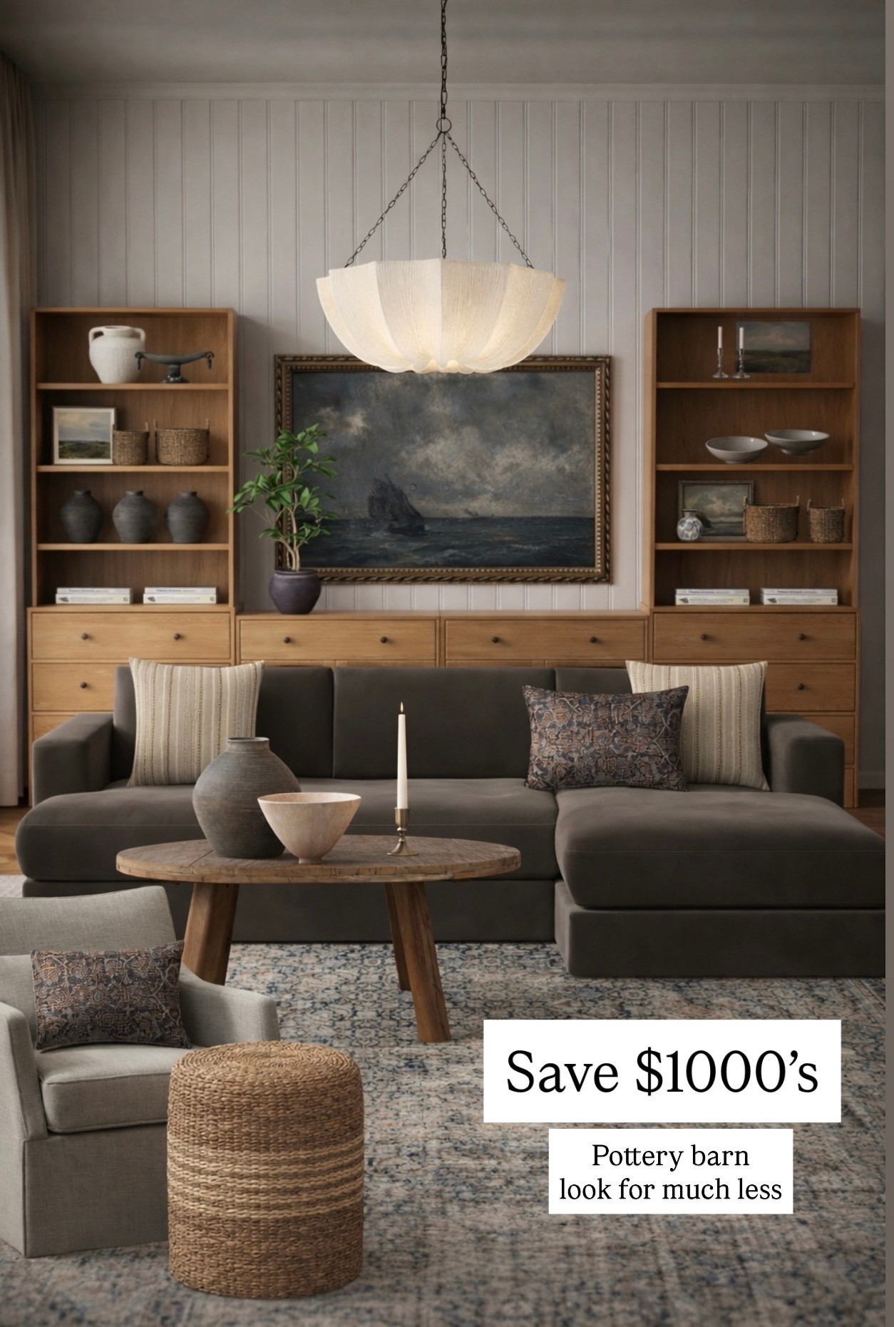 All right, save thousands on this pottery barn look this built-in bookcase is under $500, Moody framed art, this sofa is from quince it’s mid range but high end designer look. Pottery, barn, decor, budget, friendly ceiling

#LTKHome #LTKSaleAlert
